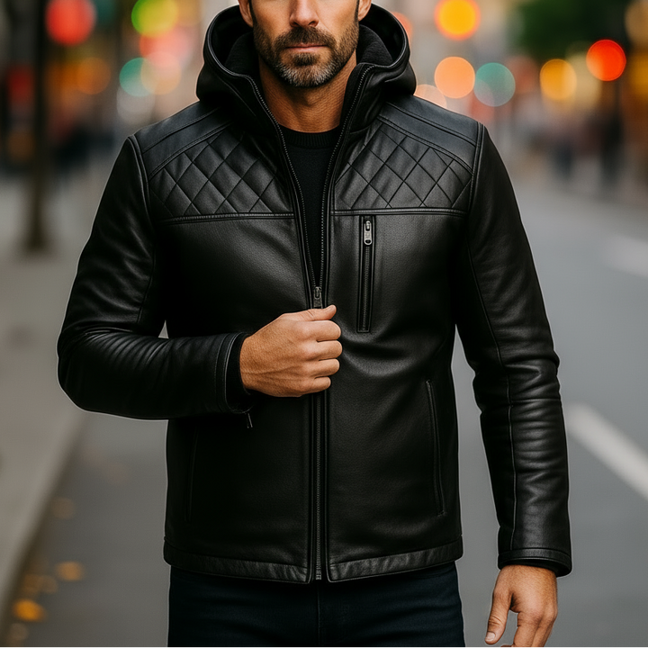 Man wearing a black leather jacket on a city street