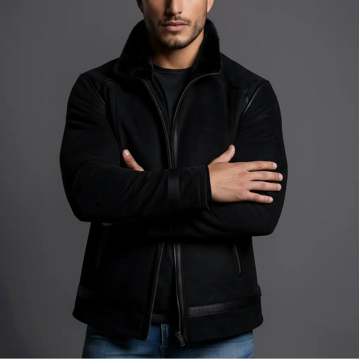Man wearing a black jacket with arms crossed against a gray background