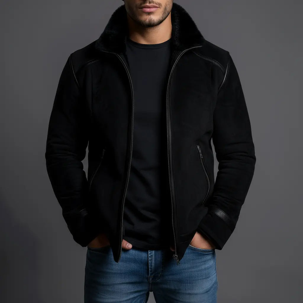 Man wearing a black jacket and blue jeans against a gray background