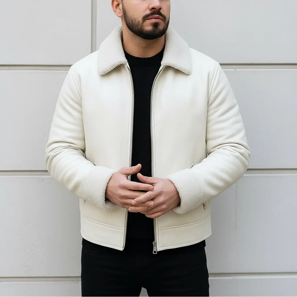 Man wearing a white jacket over a black shirt against a light gray background